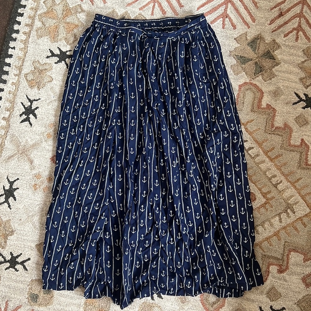 Vintage Bechamel nautical anchor pleat front midi skirt navy and white size 12